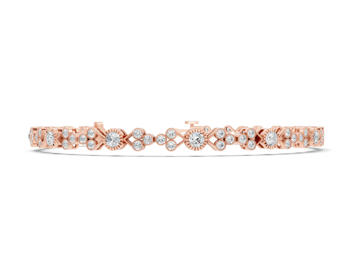 Rose gold Round Cut Diamond Tennis Bracelet with Bezel Setting and Milgrain Band