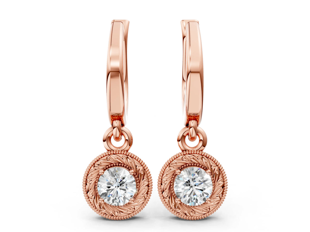 Rose gold Round Cut Milgrain Bezel Set Leverback Earrings