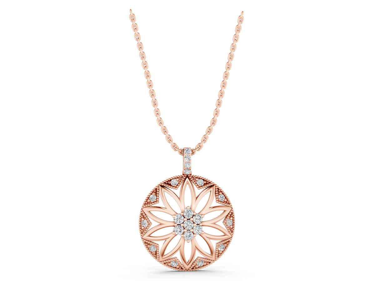 Rose gold Round Diamond Cluster Flower Pendant_1