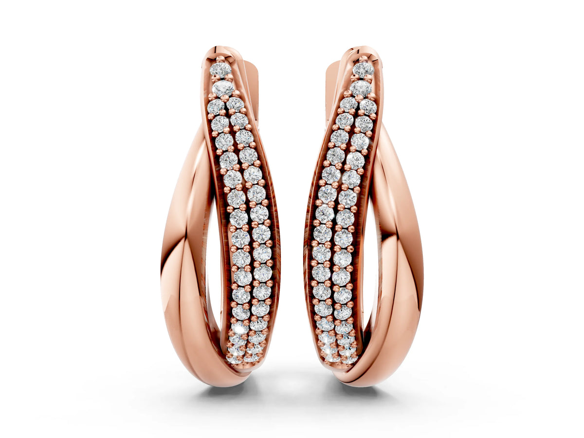Rose gold Round Diamond Double Row Huggie Hoop Earrings