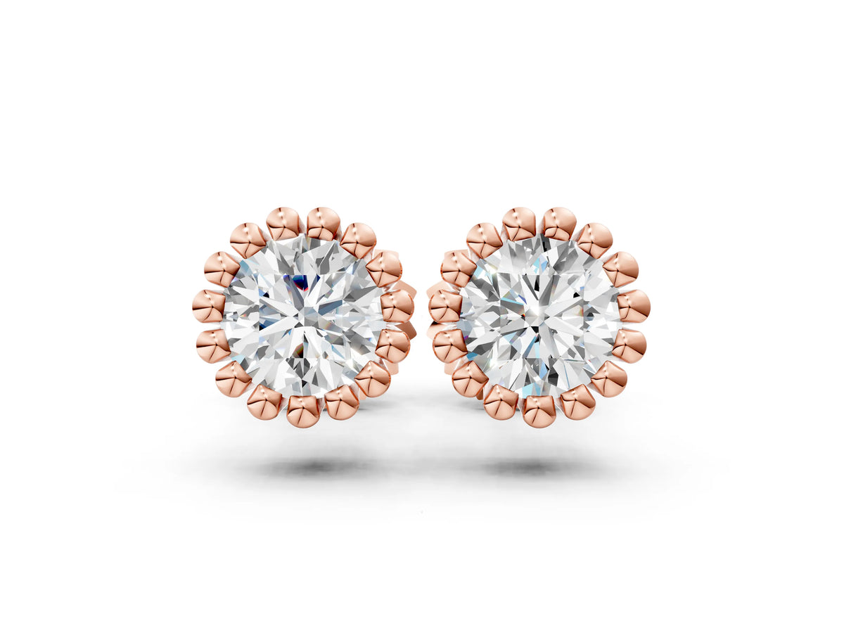 Rose gold Round Diamond Flower Halo Stud Earrings with Petal Prong Setting