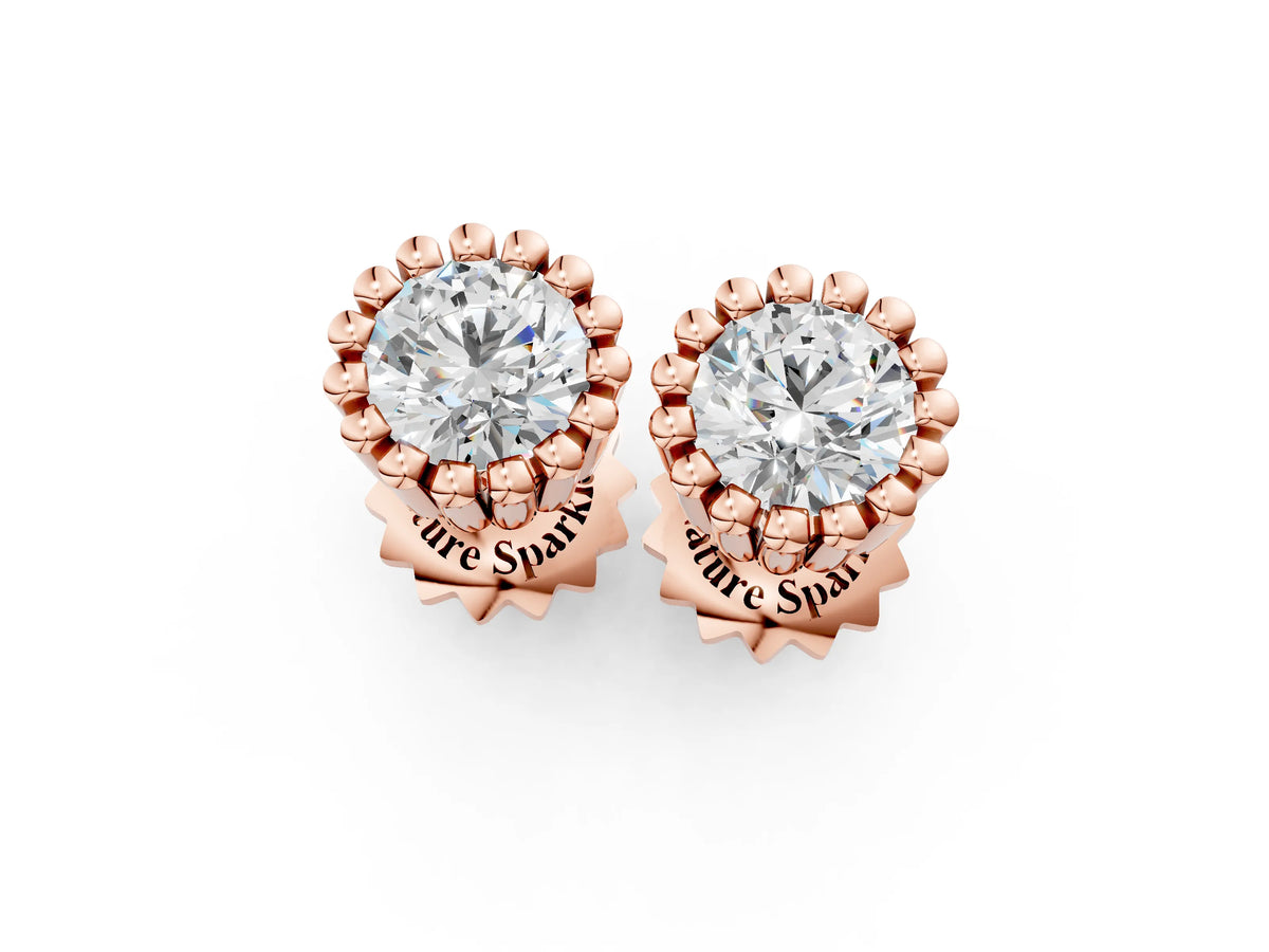 Rose gold Round Diamond Flower Halo Stud Earrings with Petal Prong Setting_1