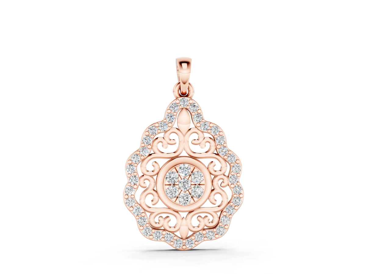 Rose gold Round Diamond Halo Pendant with Filigree Design