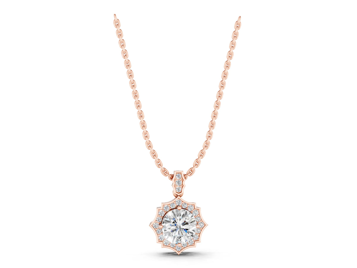 Rose gold Round Diamond Halo Pendant with Milgrain Prong Setting_1
