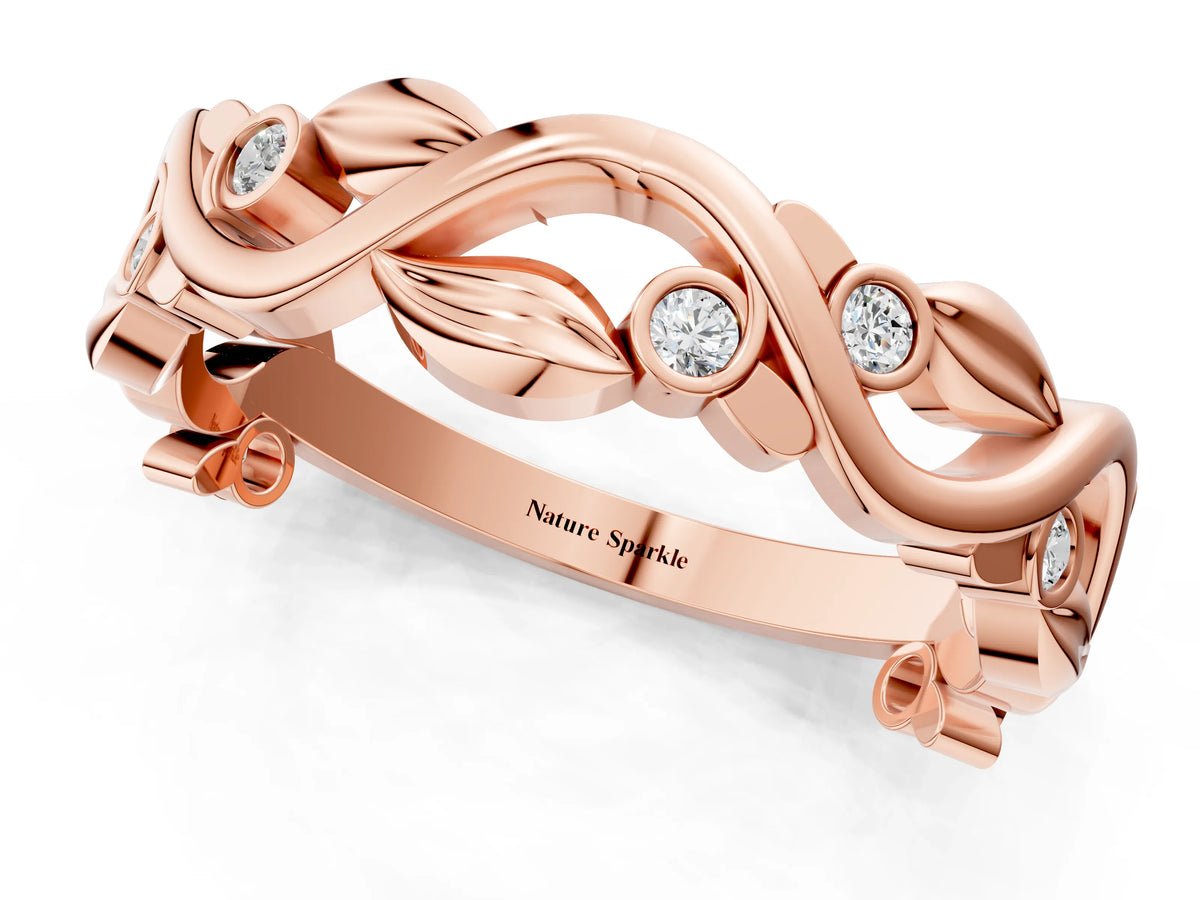 Rose gold Round Diamond Leaf Eternity Band with Bezel Setting_1