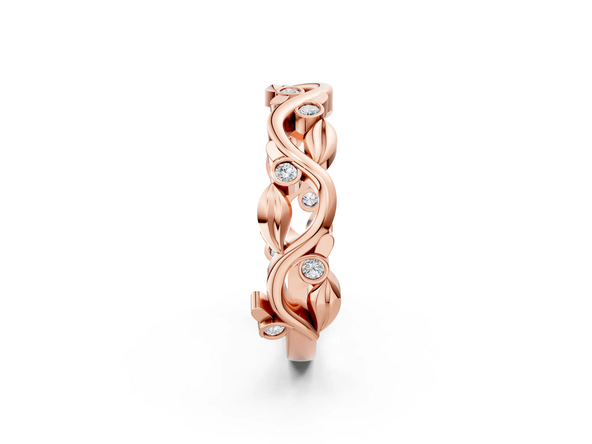 Rose gold Round Diamond Leaf Eternity Band with Bezel Setting_2