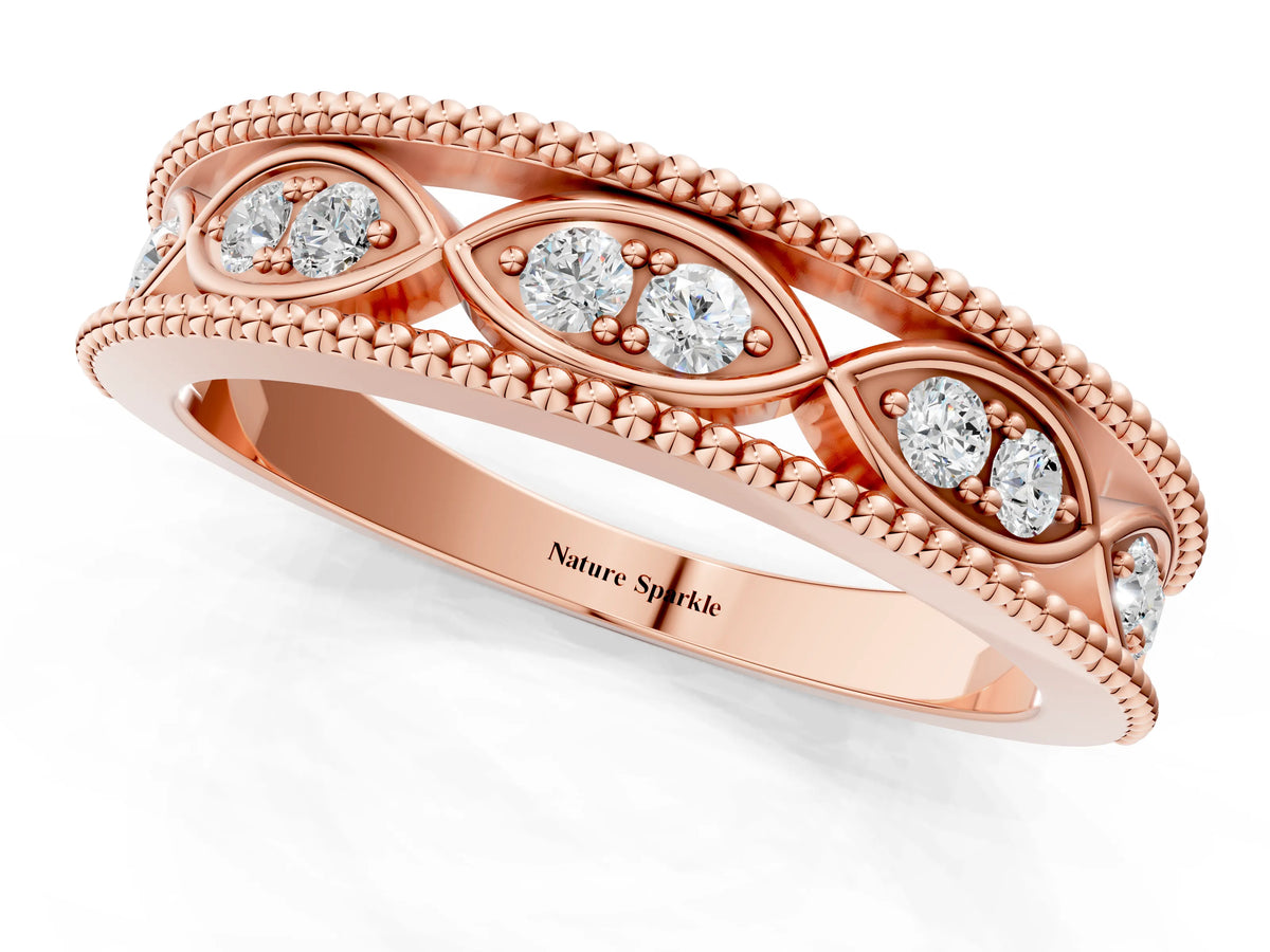 Rose gold Round Diamond Marquise Milgrain Two-Tone Prong Set Band_1