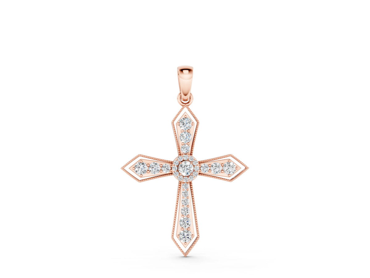 Rose gold Round Diamond Milgrain Cross Pendant with Bezel Setting