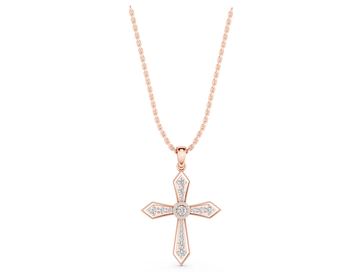 Rose gold Round Diamond Milgrain Cross Pendant with Bezel Setting_1