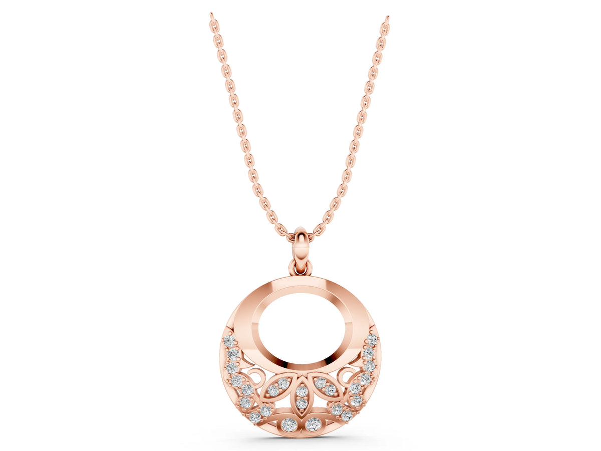 Rose gold Round Diamond Pavé Leaf Filigree Pendant_1