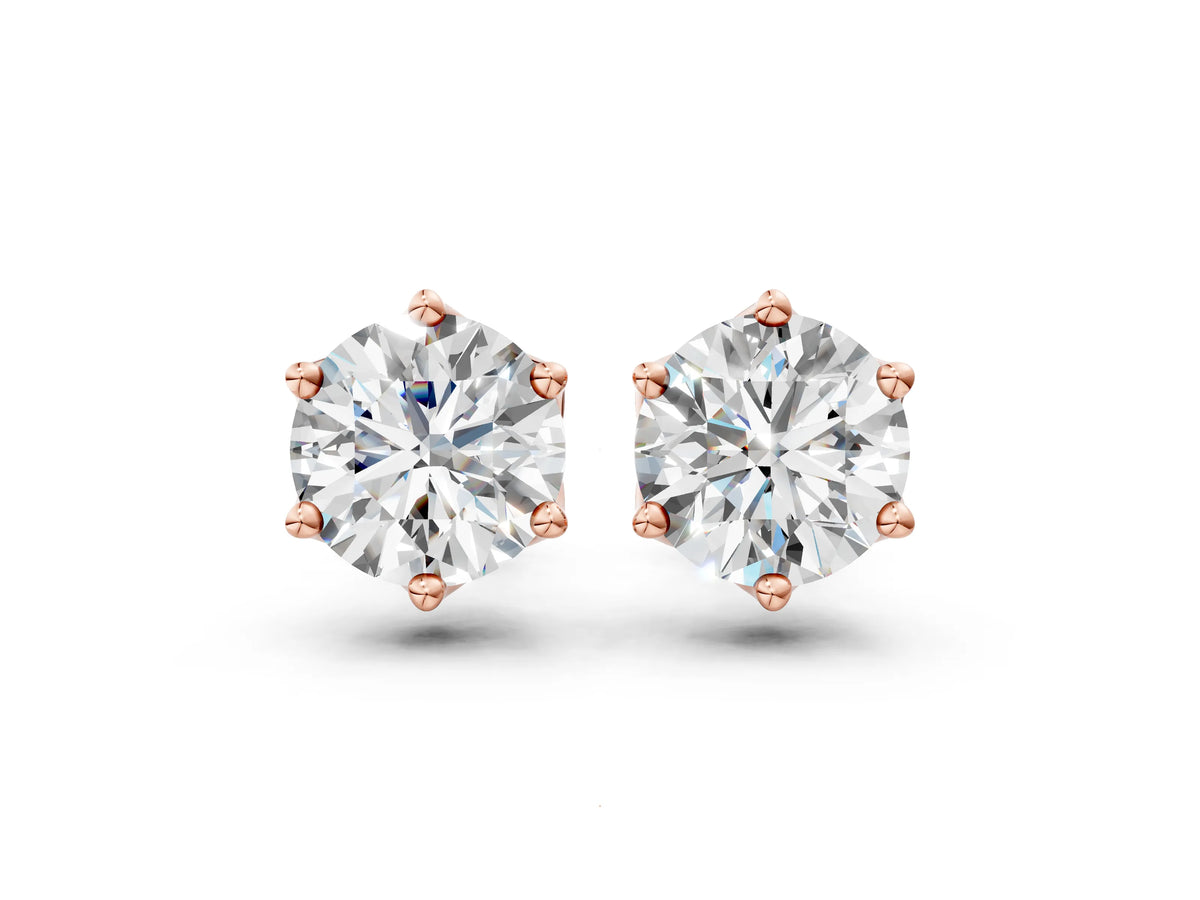 Rose gold Round Diamond Six Prong Flower Petal Solitaire Stud Earrings