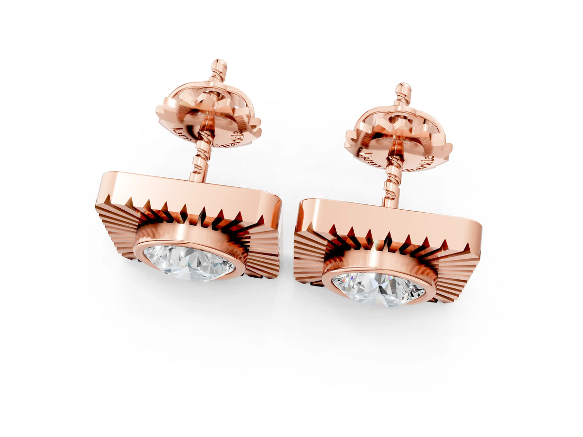 Rose gold Round Diamond Sunburst Square Stud Earrings_1