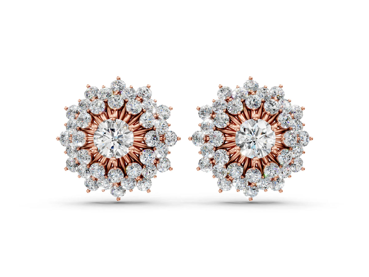 Rose gold Round Diamond Sunburst Stud Earrings