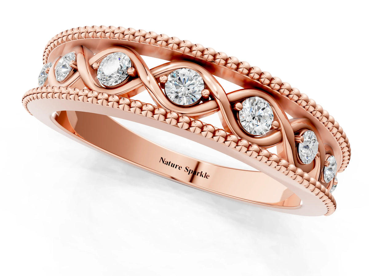 Rose gold Round Diamond Twist Milgrain Band with Bezel Setting_1