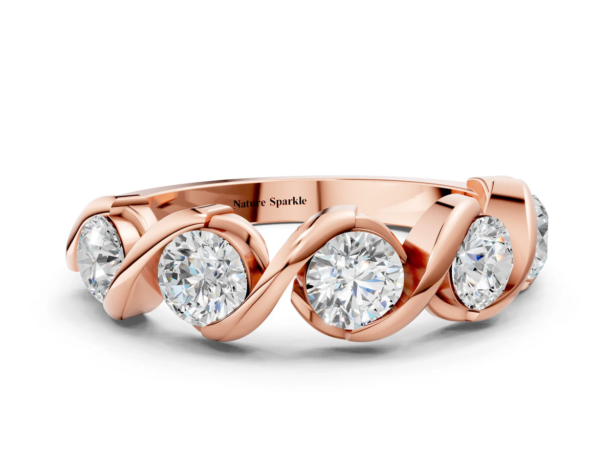Rose gold Round Diamond Wave Band with Channel Setting and Shared Prongs