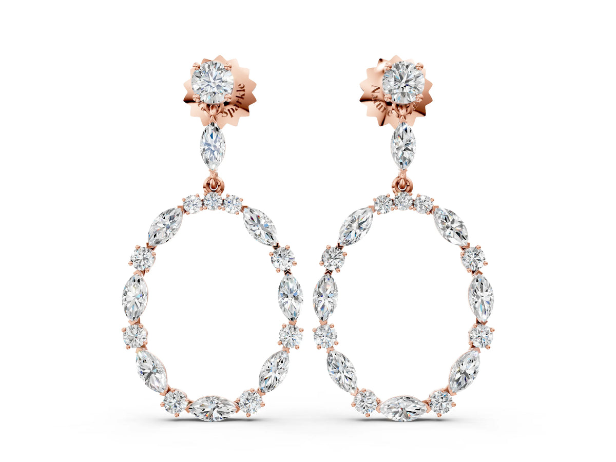 Rose gold Round and Marquise Diamond Open Oval Drop Earrings