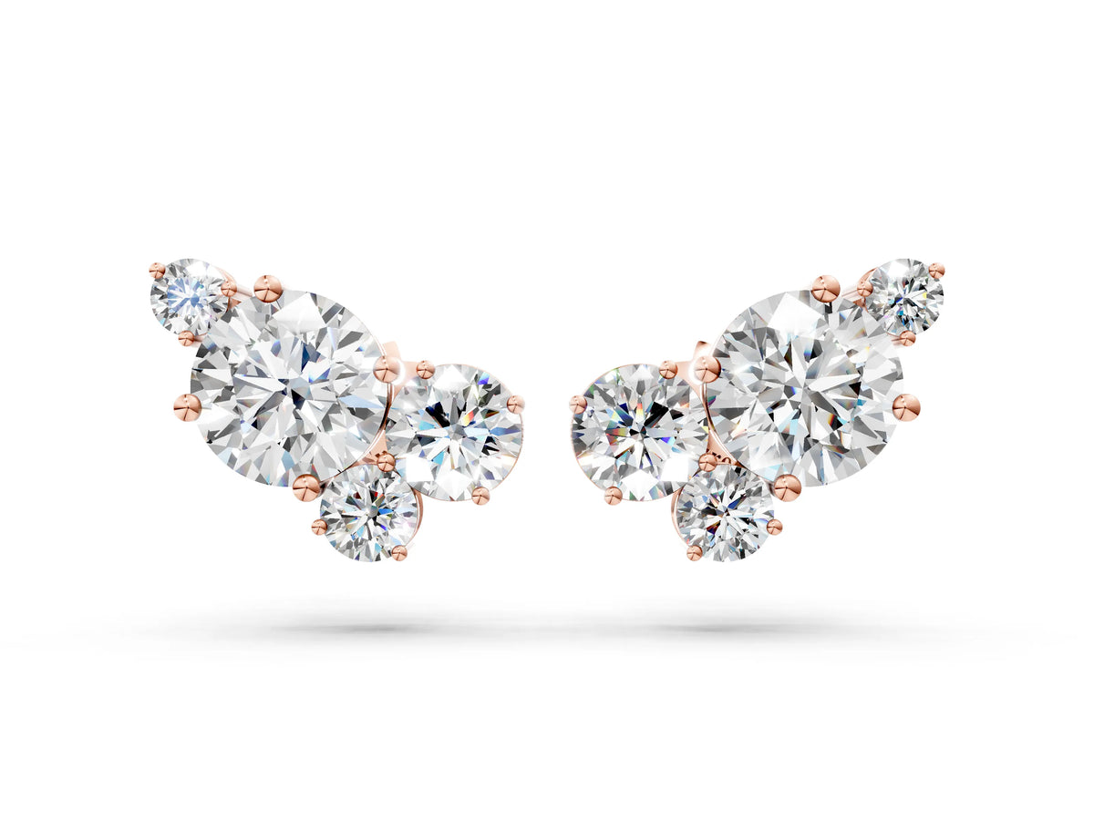 Rose gold Round and Oval Diamond Hydrangea Bouquet Stud Earrings with Round Diamond Accents