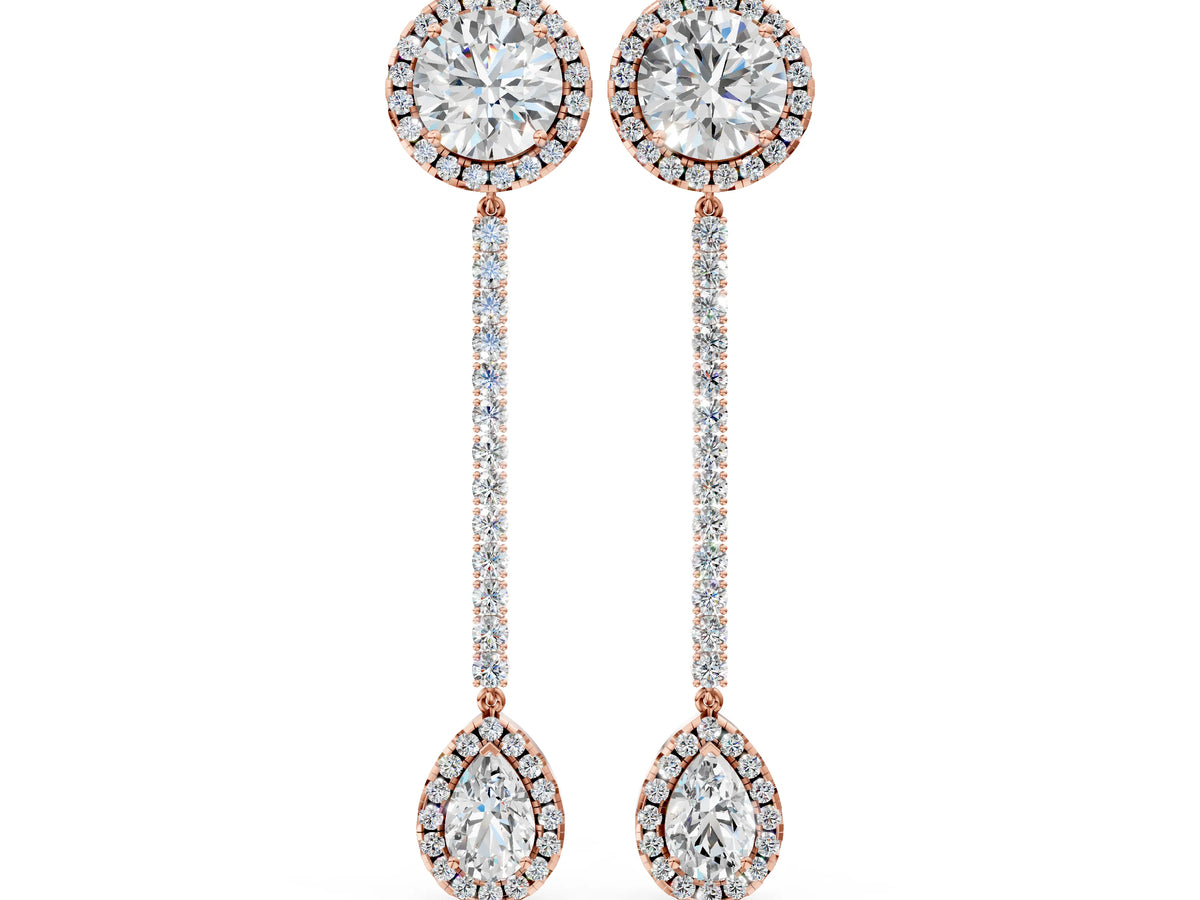 Rose gold Round and Pear Diamond Halo Drop Earrings