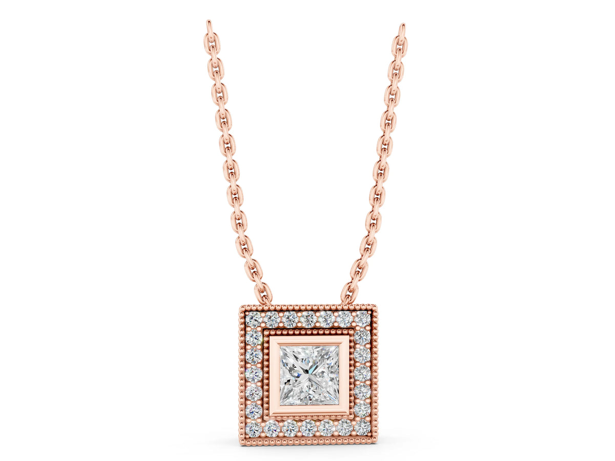 Rose gold Square Halo Princess Cut Pendant with Bezel Setting_1