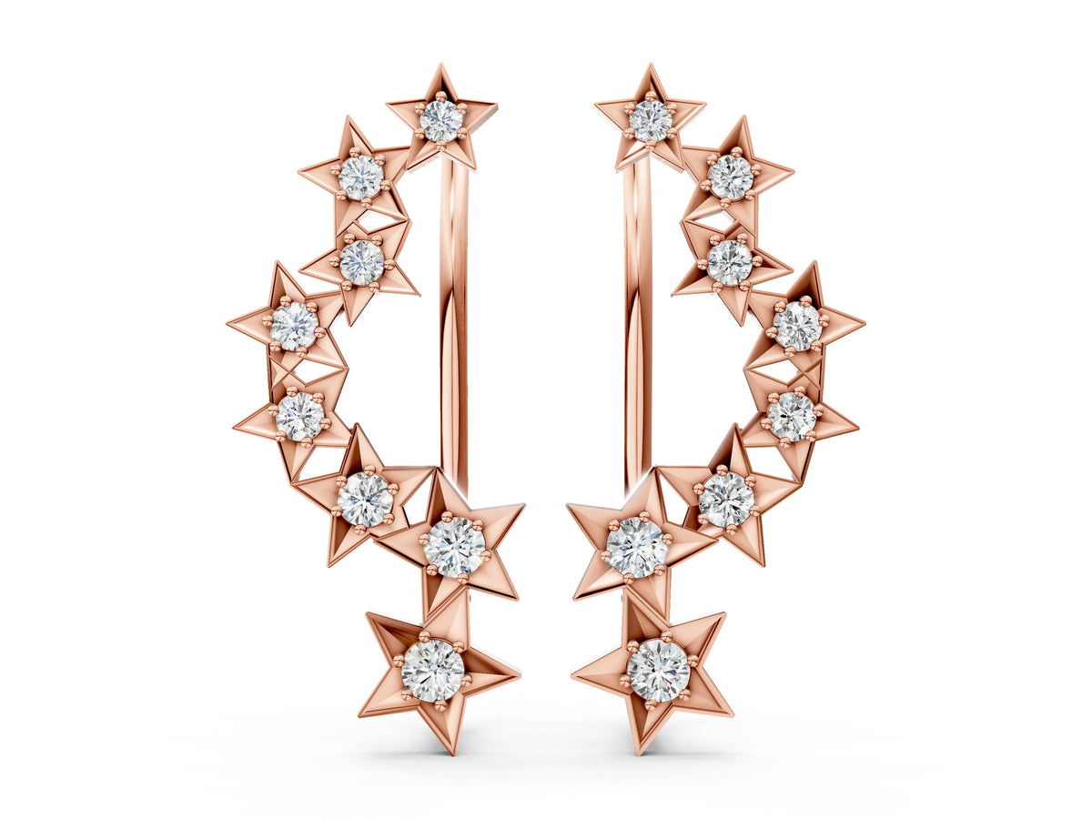 Rose gold Star Cluster Diamond Crescent Earrings with Round Cut Stones on a Curved Band and Prong Setting