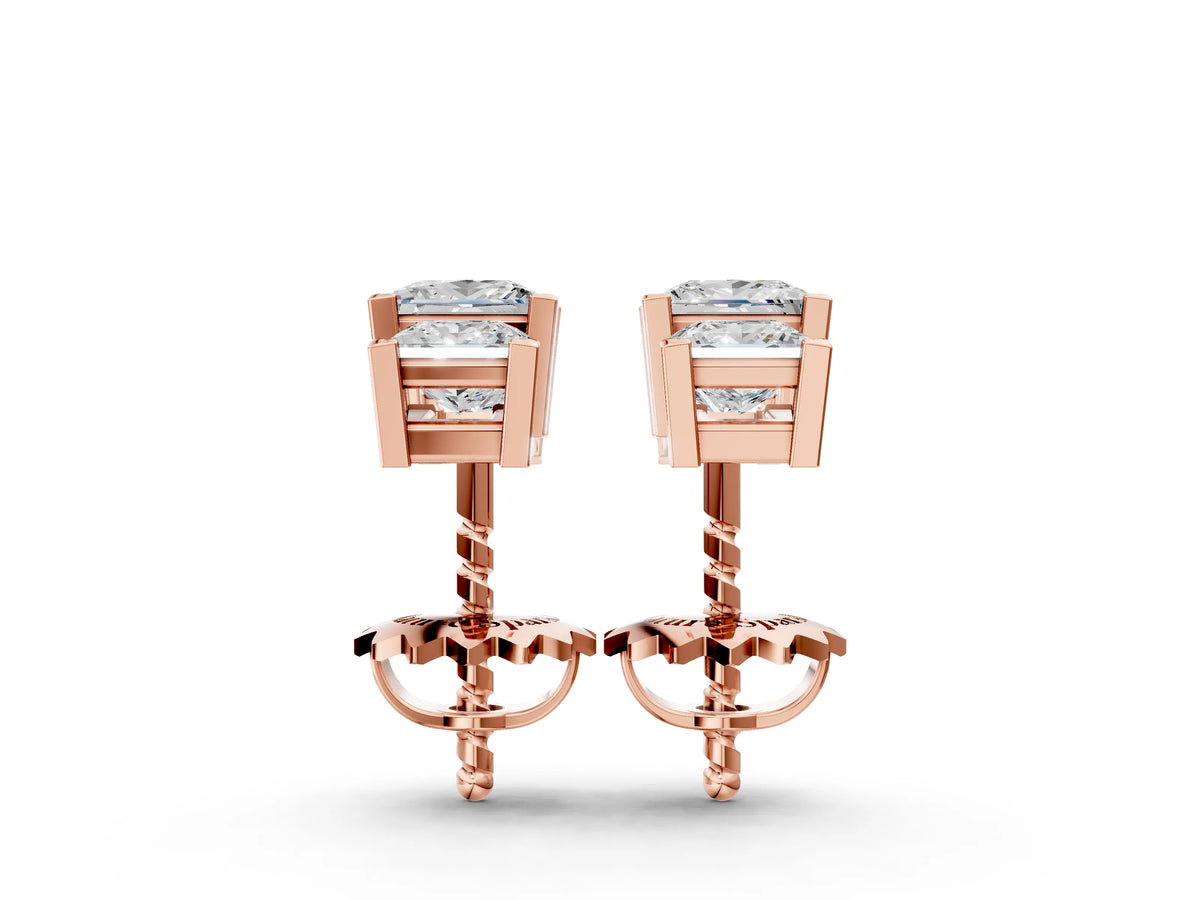 Rose gold Three-Stone Princess Cut Channel Set Earrings with Bar Prong Setting