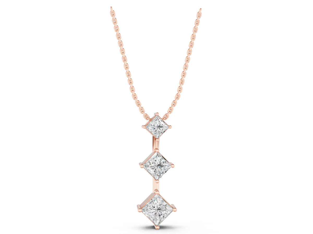 Rose gold Three-Stone Princess Cut Diamond Pendant with Four-Prong Setting_1