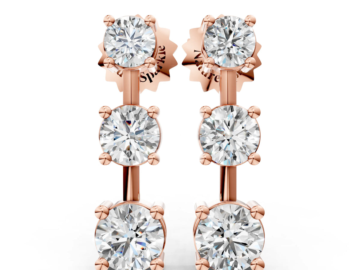 Rose gold Three-Stone Round Cut Drop Earrings with Prong Setting