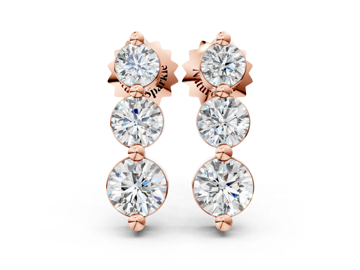 Rose gold Three-Stone Round Diamond Drop Earrings with Prong Setting on White Gold