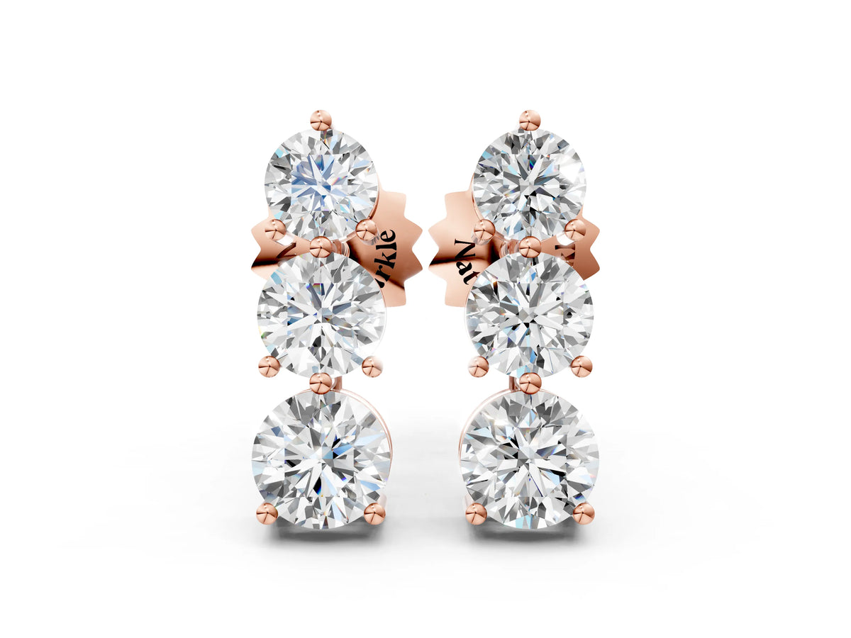 Rose gold Three-Stone Round Diamond Prong-Set Drop Earrings