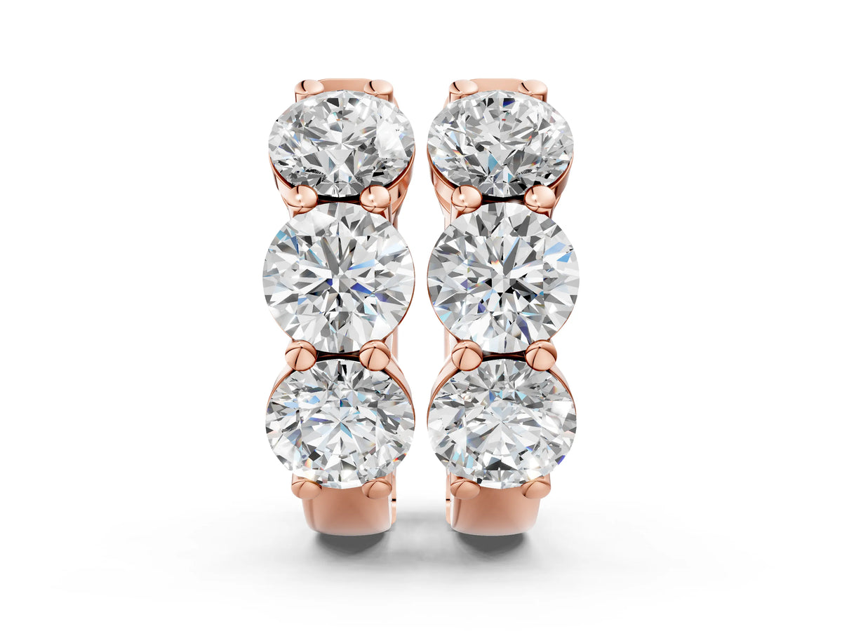 Rose gold Triple Round Diamond Huggie Earrings with Prong Setting