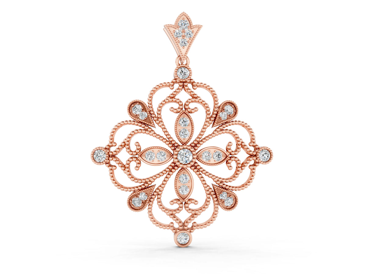 Rose gold Vintage Floral Diamond Pendant with Round Brilliant Cut and Pavé Setting