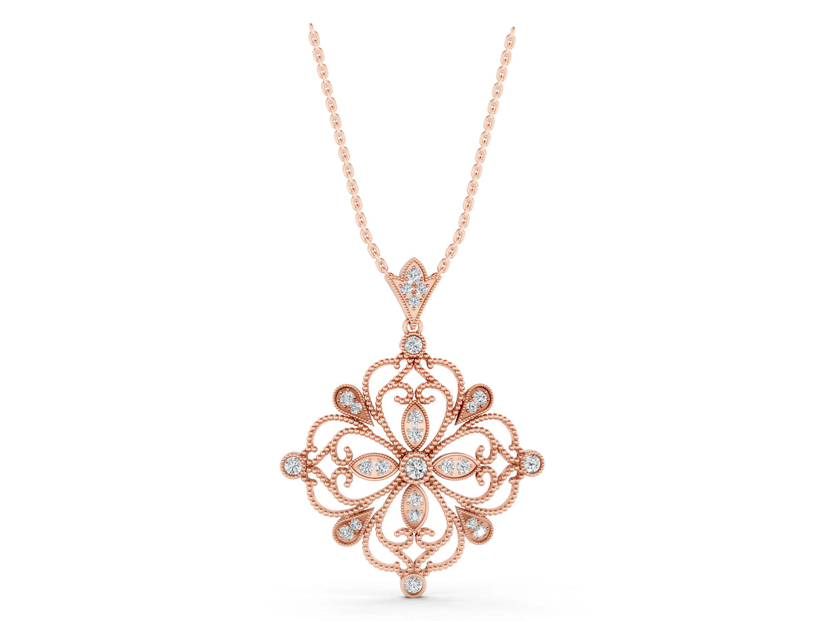 Rose gold Vintage Floral Diamond Pendant with Round Brilliant Cut and Pavé Setting_1