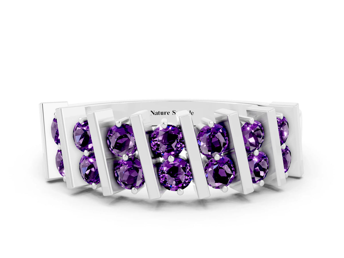 Round Amethyst Anniversary Band in Platinum with Channel Setting and Vertical Prongs