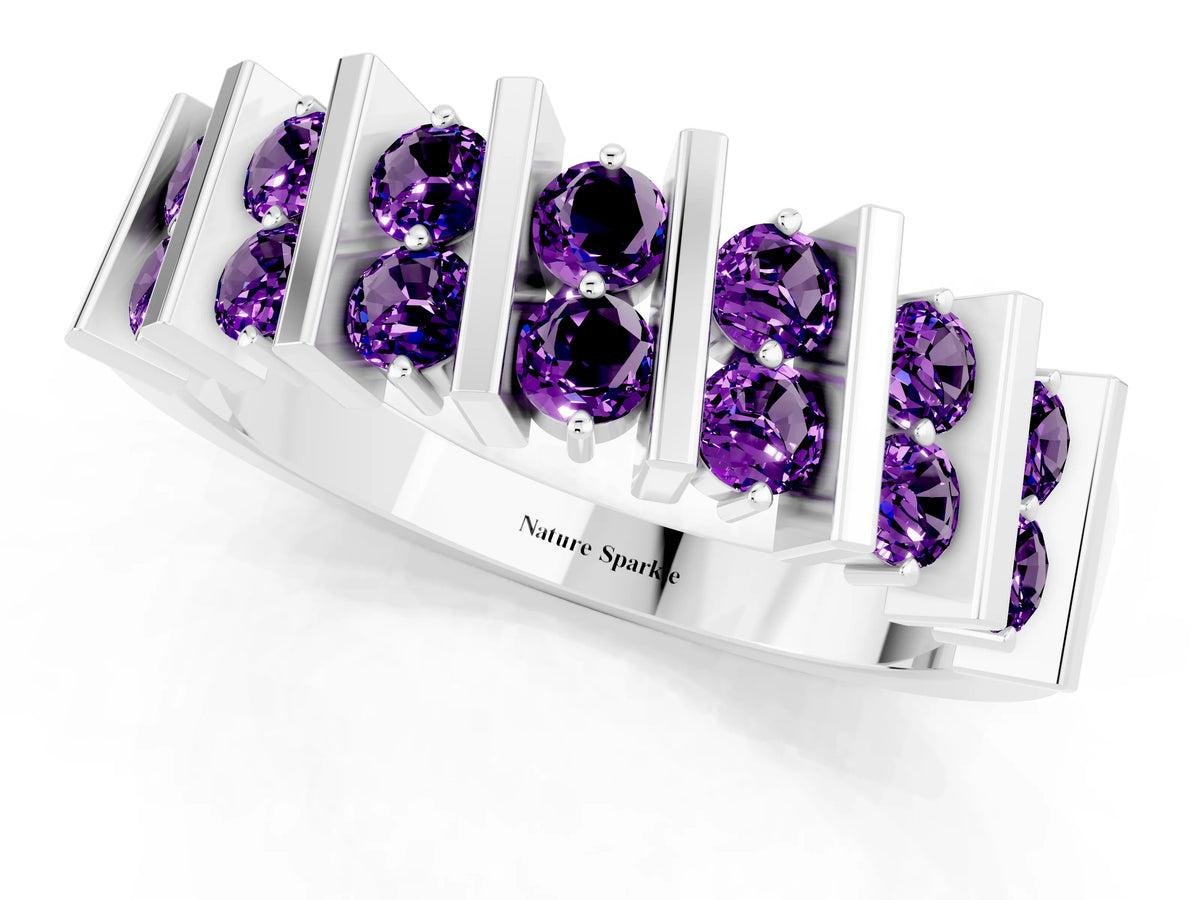 Round Amethyst Anniversary Band in Platinum with Channel Setting and Vertical Prongs_1