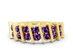 Round Amethyst Anniversary Band in Yellow gold with Channel Setting and Vertical Prongs