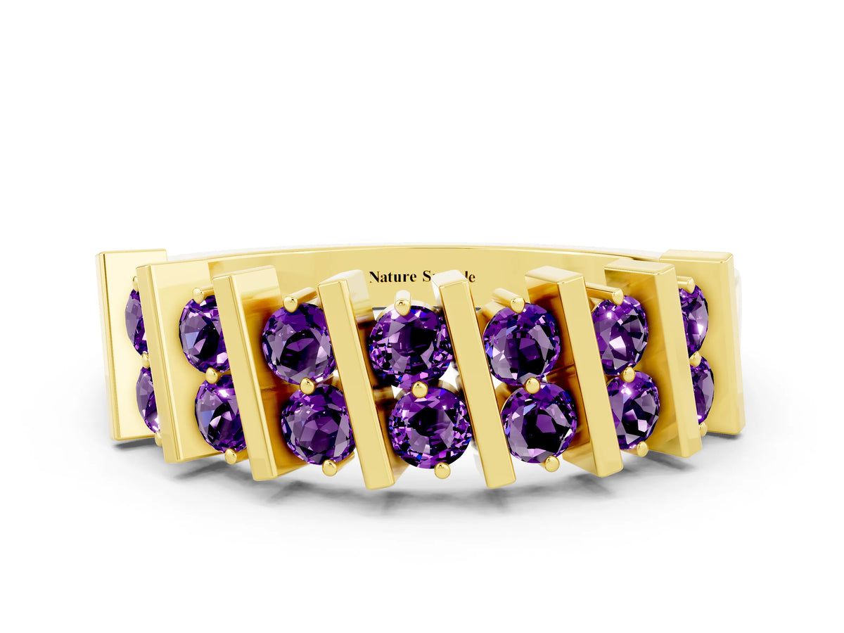 Round Amethyst Anniversary Band in Yellow gold with Channel Setting and Vertical Prongs