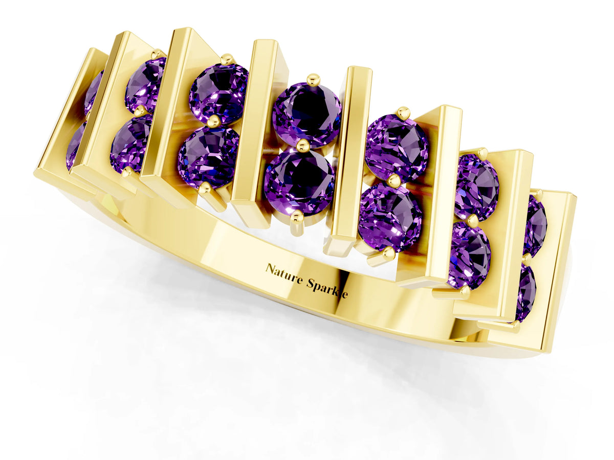 Round Amethyst Anniversary Band in Yellow gold with Channel Setting and Vertical Prongs_1