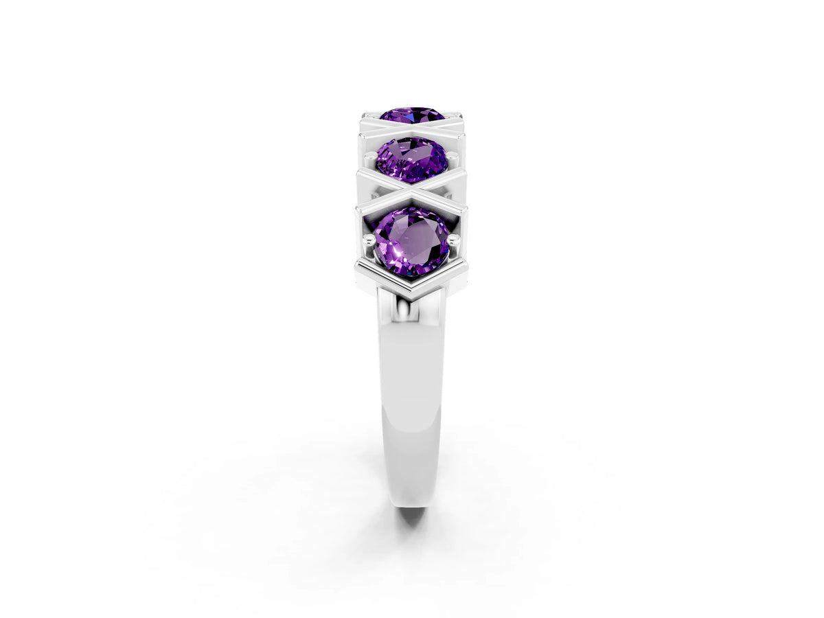Round Amethyst Channel Set Band in Silver with X-Prong Detail_2