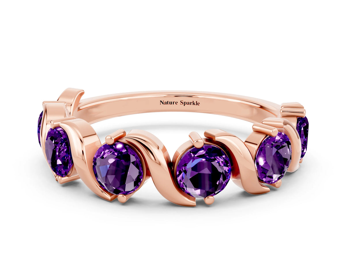 Round Amethyst Half Eternity Band in Rose gold with Wave Prong Setting