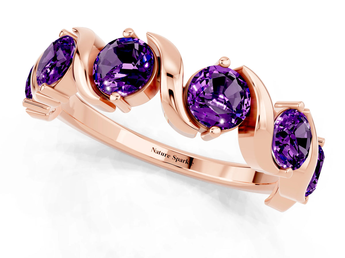 Round Amethyst Half Eternity Band in Rose gold with Wave Prong Setting_1
