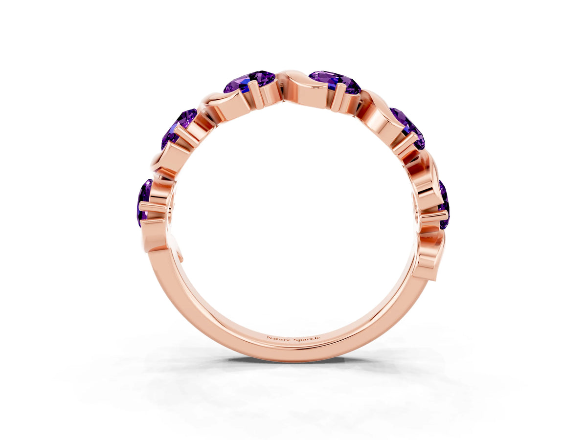 Round Amethyst Half Eternity Band in Rose gold with Wave Prong Setting_3
