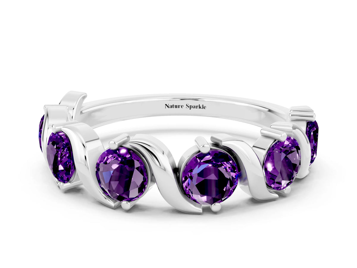 Round Amethyst Half Eternity Band in White gold with Wave Prong Setting