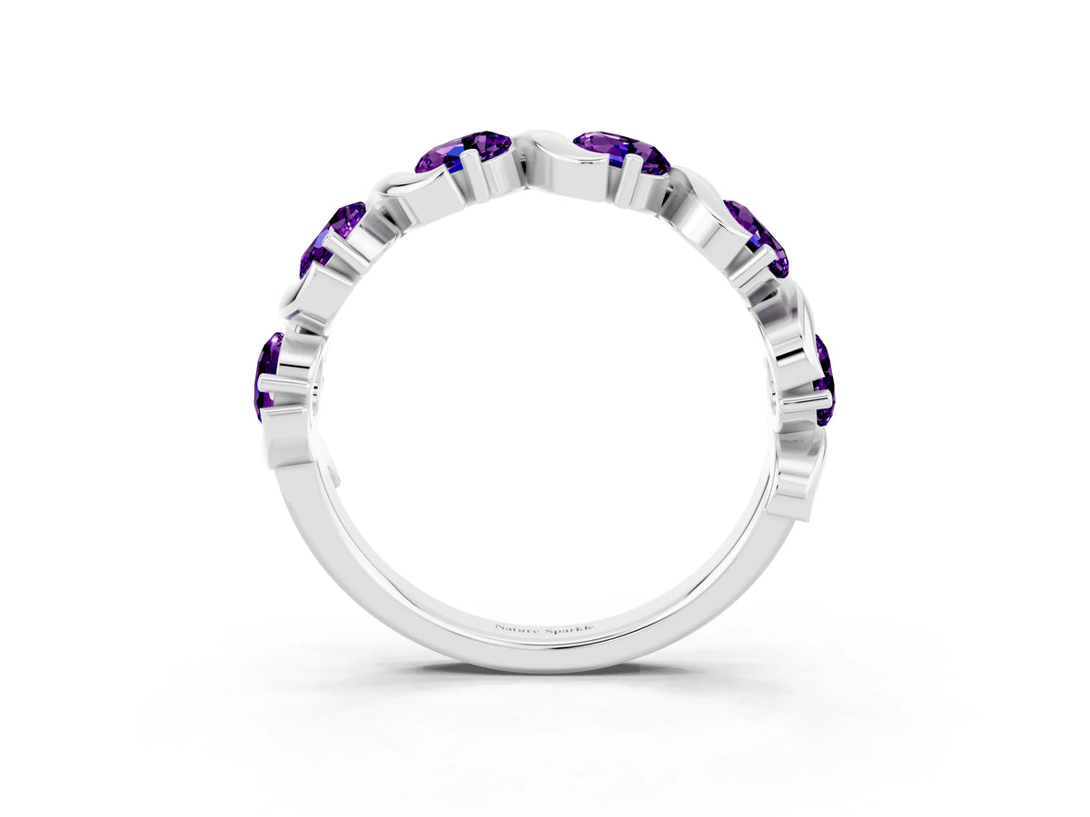 Round Amethyst Half Eternity Band in White gold with Wave Prong Setting_3