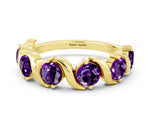 Round Amethyst Half Eternity Band in Yellow gold with Wave Prong Setting