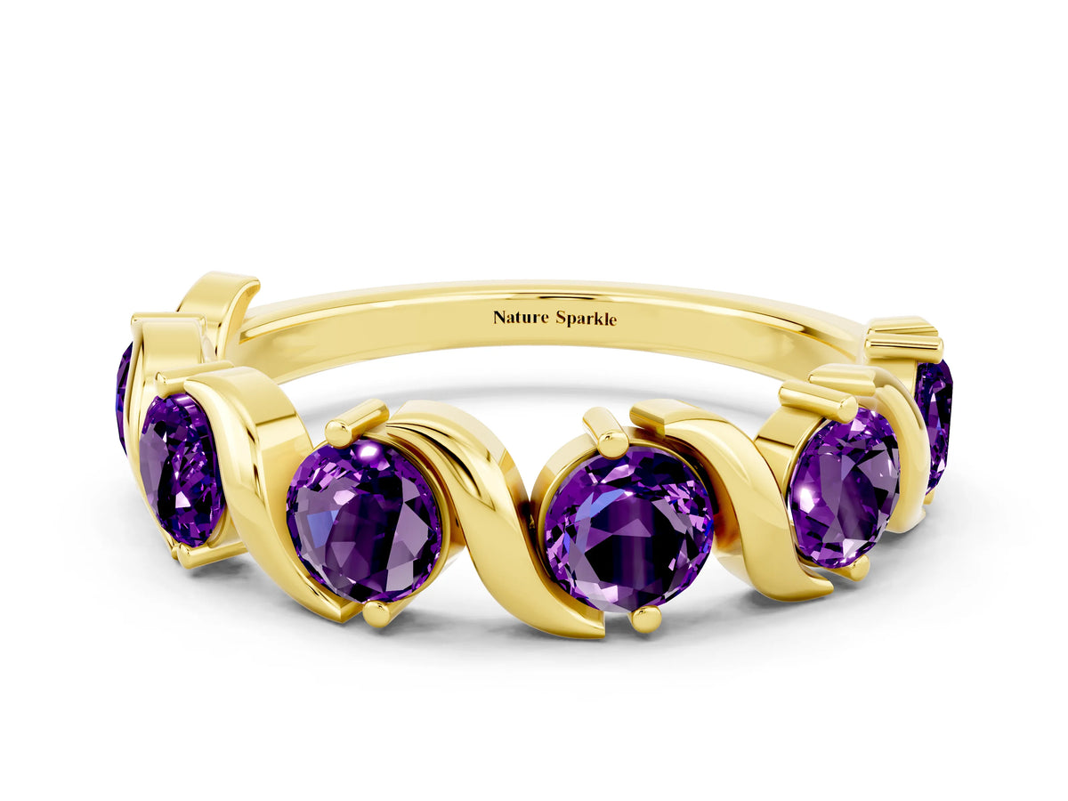 Round Amethyst Half Eternity Band in Yellow gold with Wave Prong Setting