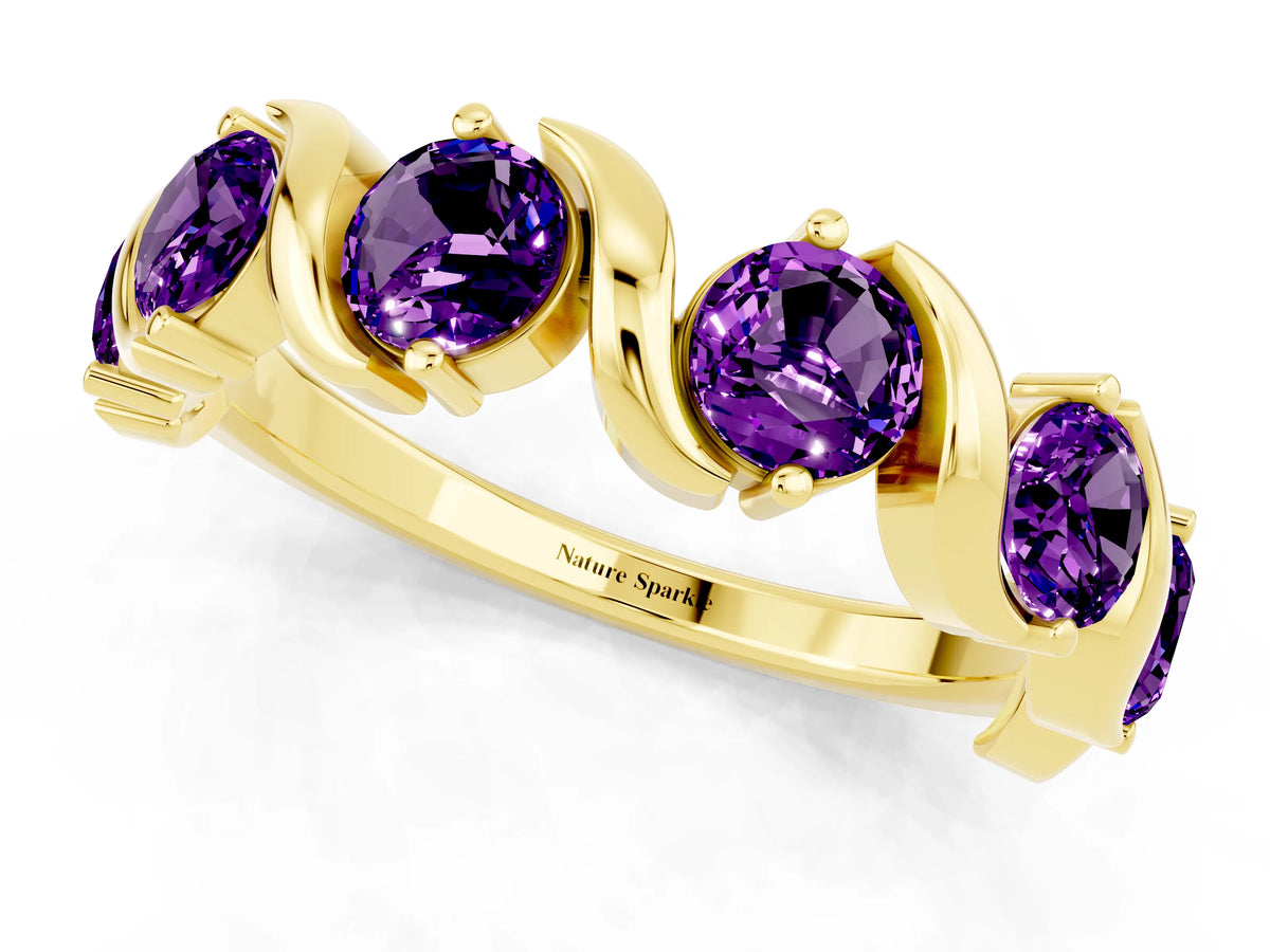 Round Amethyst Half Eternity Band in Yellow gold with Wave Prong Setting_1