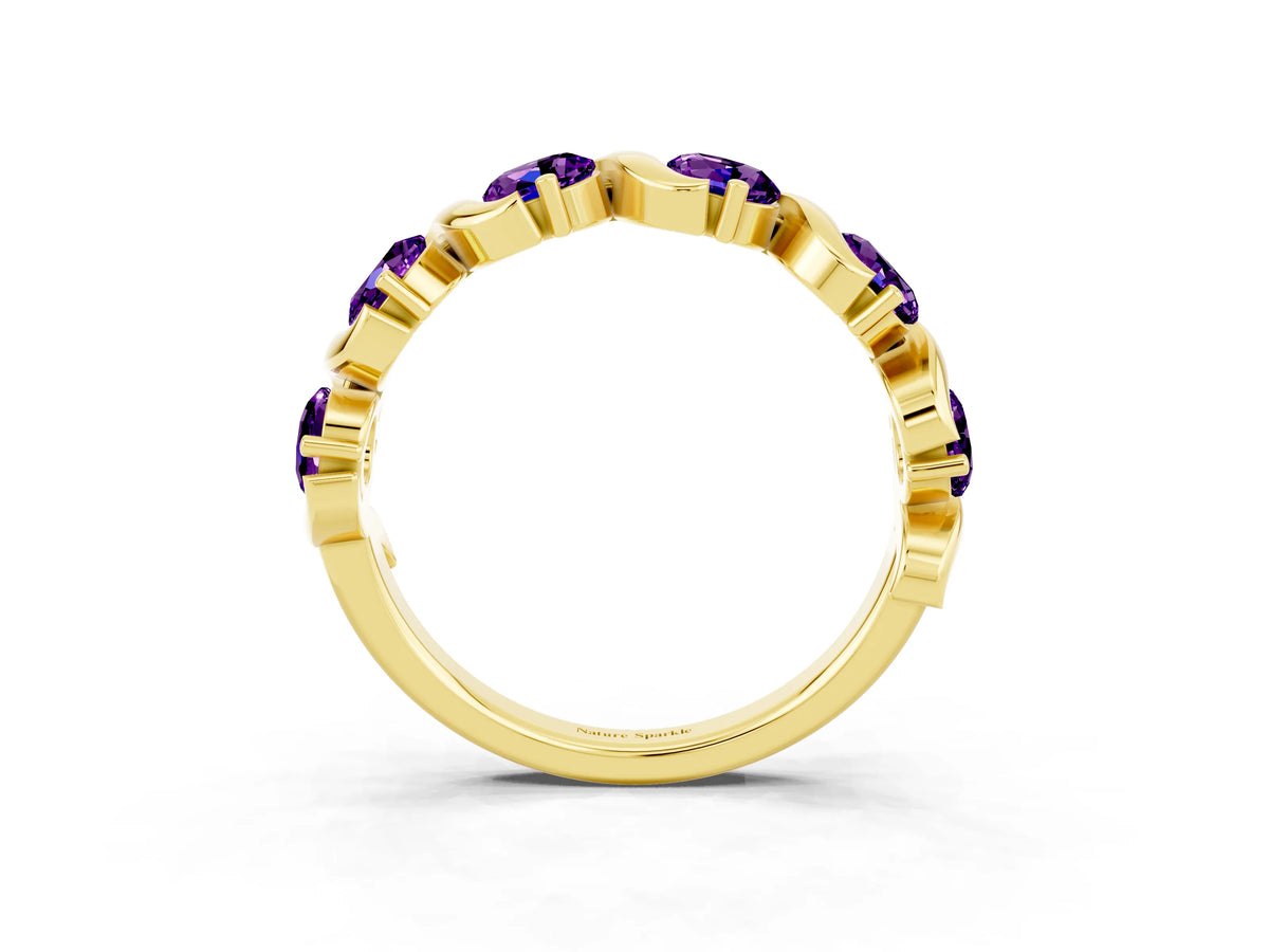 Round Amethyst Half Eternity Band in Yellow gold with Wave Prong Setting_3