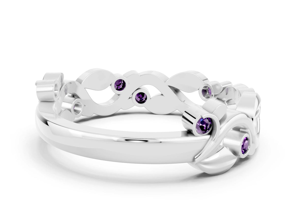 Round Amethyst Leaf Motif Eternity Band in Platinum with Bezel Setting