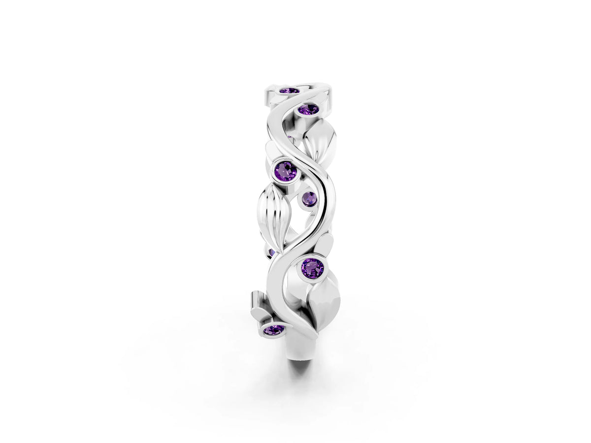 Round Amethyst Leaf Motif Eternity Band in Platinum with Bezel Setting_2