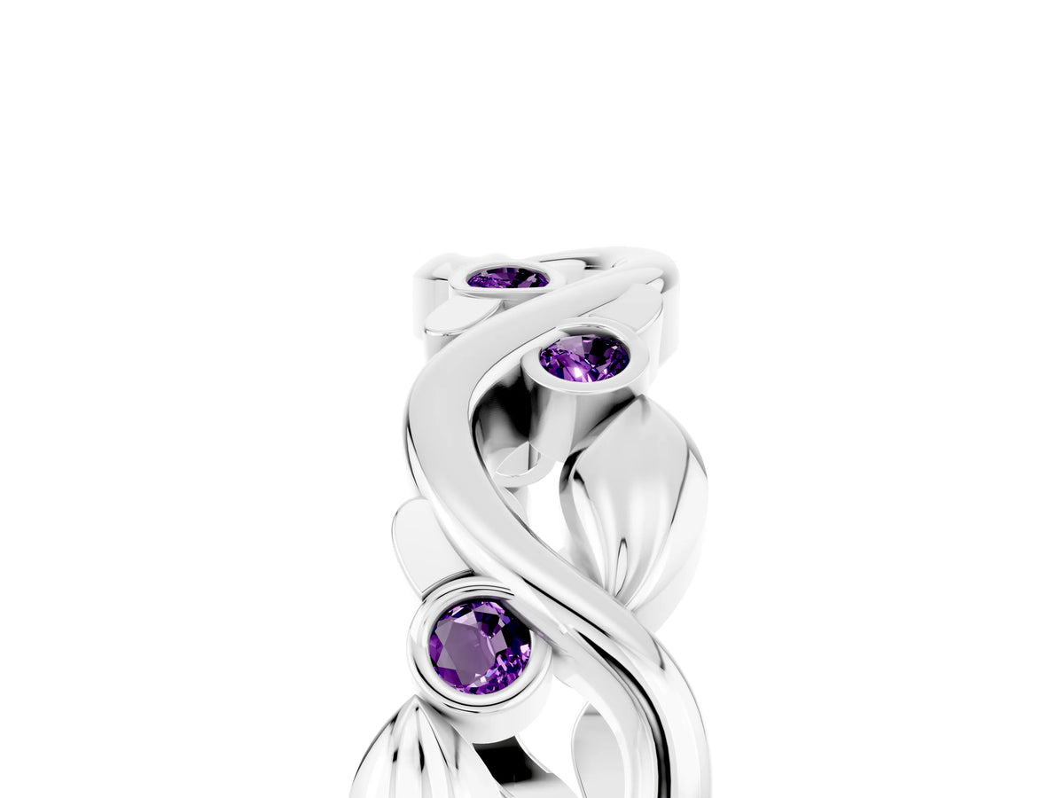 Round Amethyst Leaf Motif Eternity Band in Platinum with Bezel Setting_5
